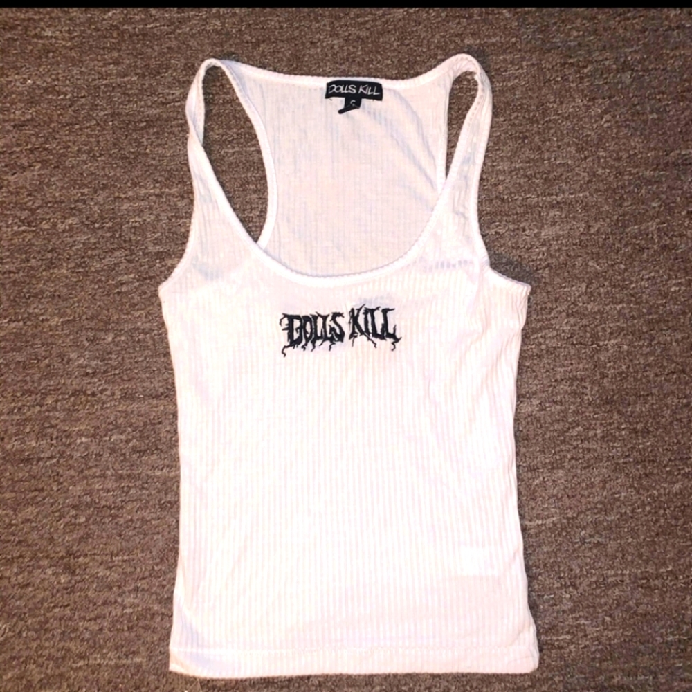 Dolls Kill promotional embroidered ribbed white tank Small nwot